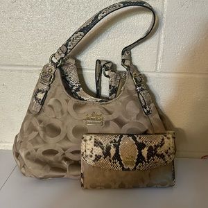 Like new tan snake skinned coach purse with matching wallet